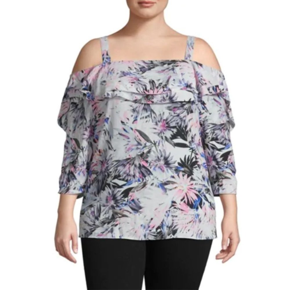 NYDJ Printed Ruffle Blouse cold shoulder 3x NWT